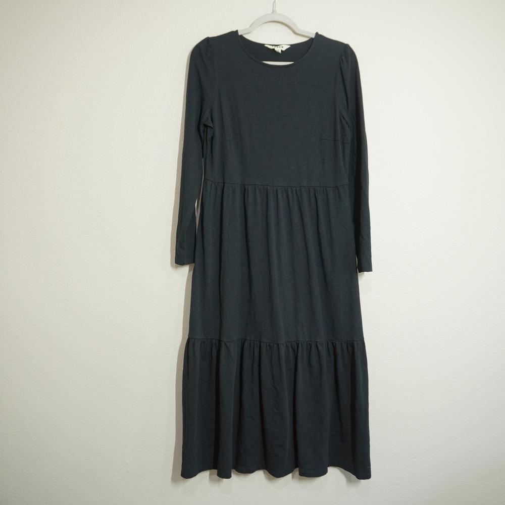 Boden Women's Size 8 Black Midi Dress Cotton Blend Tiered Long Sleeve Jersey